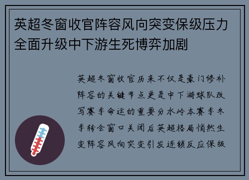 英超冬窗收官阵容风向突变保级压力全面升级中下游生死博弈加剧